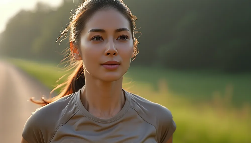Woman running outdoors breathing steadily and calmly