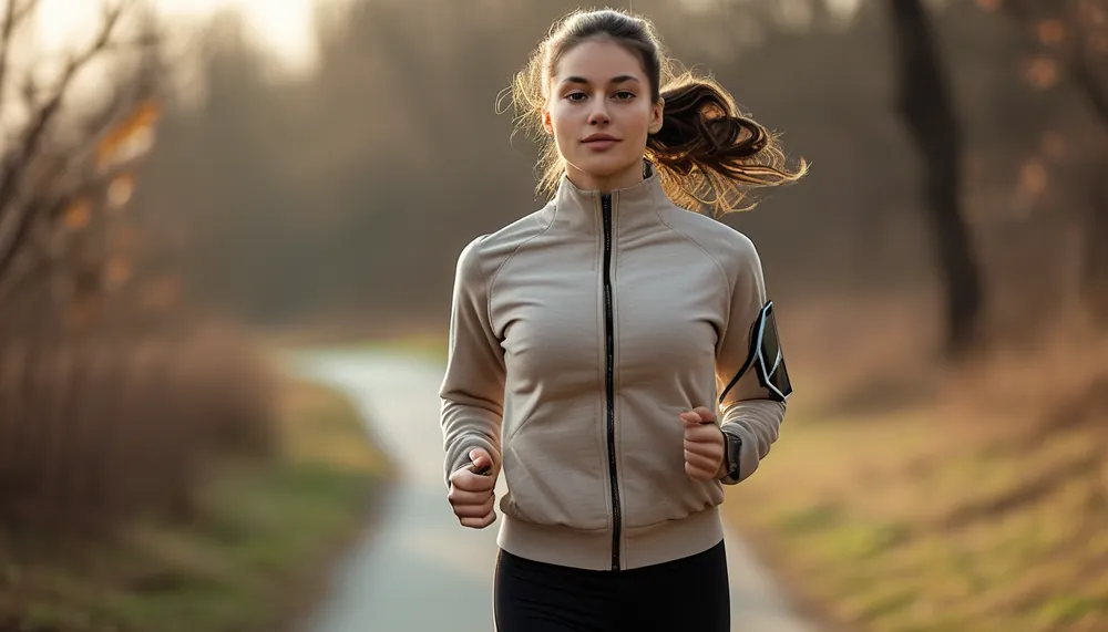 Woman jogging with relaxed rhythmic breathing