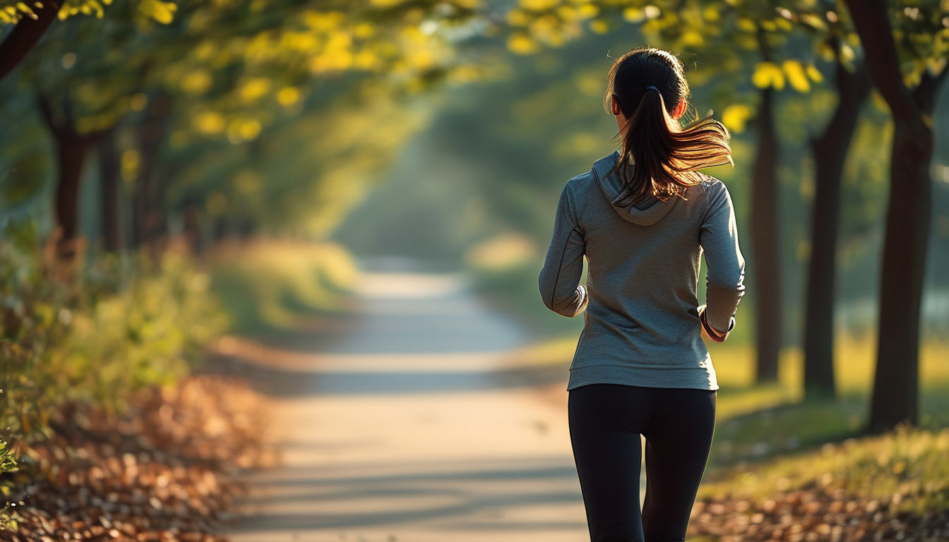 Woman jogging on a shaded morning trail